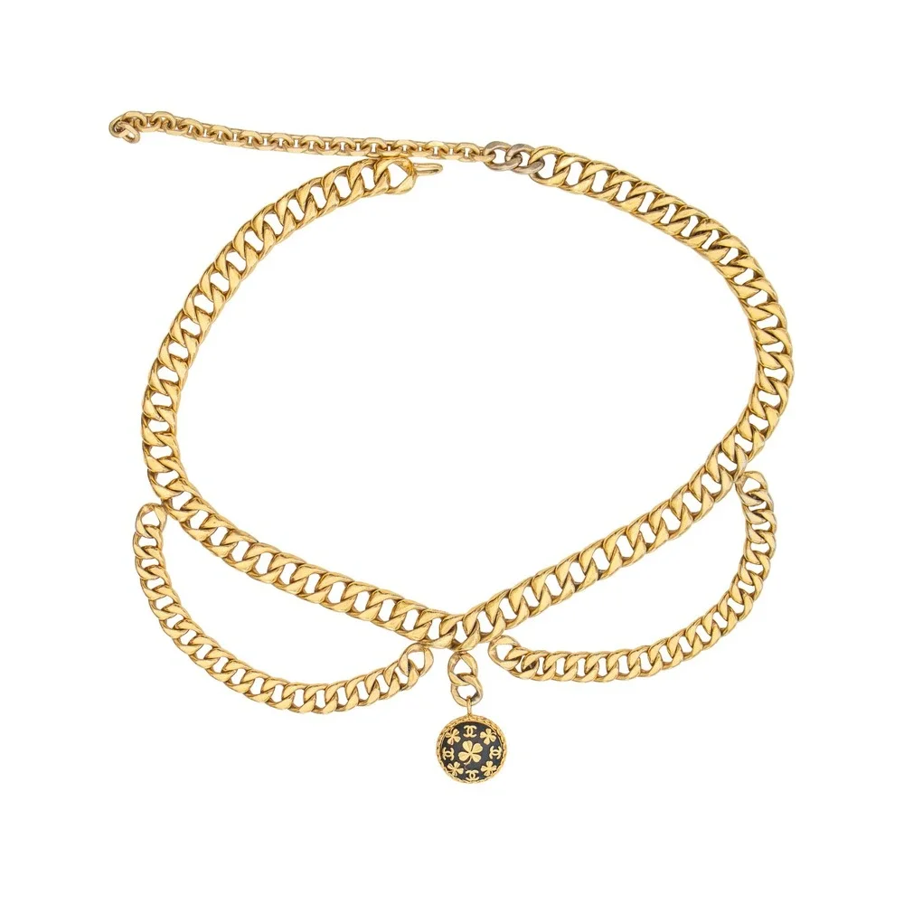 RARE Vintage Chanel Gold Tone Chain Belt CC Clover Medallion Adjustable 37